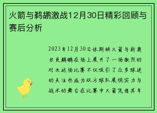 火箭与鹈鹕激战12月30日精彩回顾与赛后分析